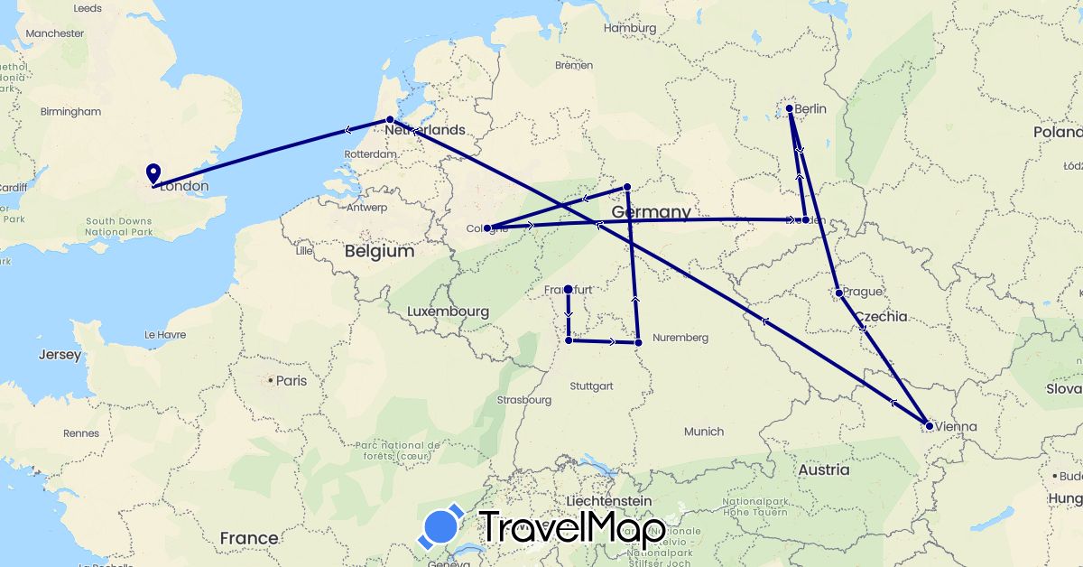 TravelMap itinerary: driving in Austria, Czech Republic, Germany, United Kingdom, Netherlands (Europe)